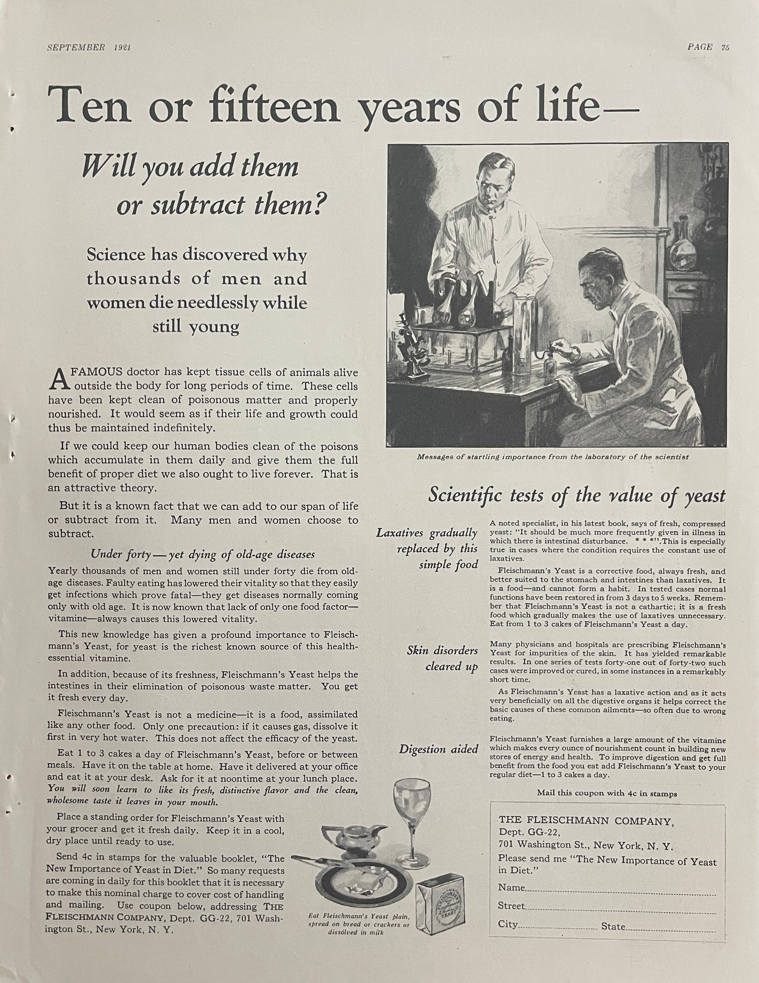 1921 Fleischmann’s Yeast vintage magazine advertisement promoting yeast benefits and baking nutrition