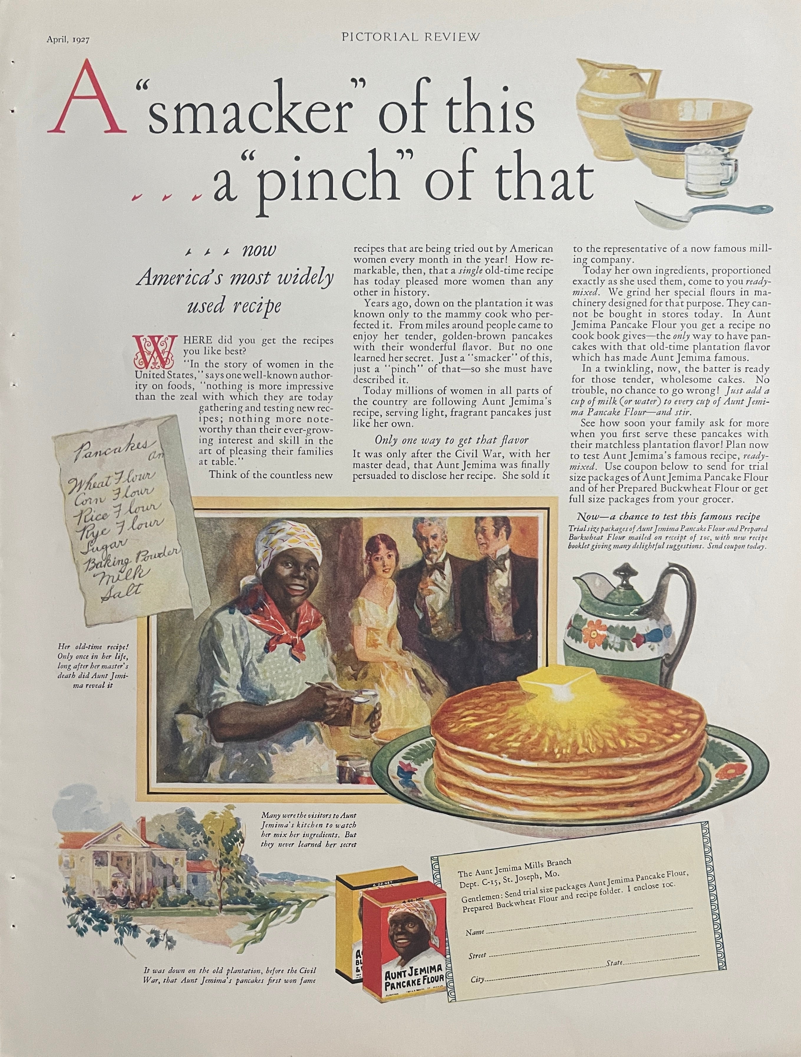 1927 Aunt Jemima Pancake Flour vintage magazine advertisement from Pictorial Review showing illustrated pancakes and kitchen scene