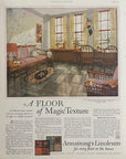 1927 Armstrong’s Linoleum vintage magazine advertisement from Pictorial Review showing a sunlit porch interior with patterned flooring