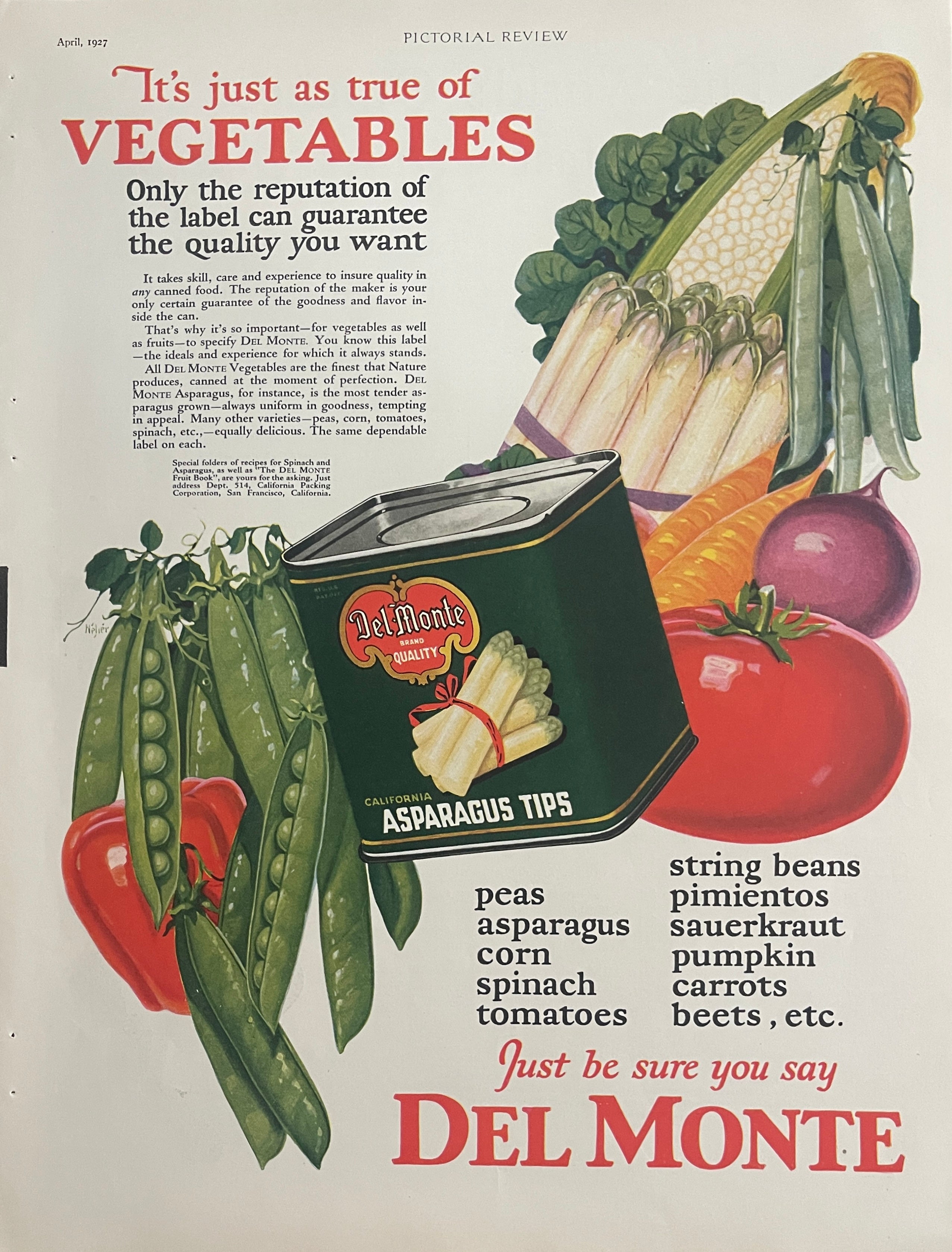 1927 Del Monte vegetables vintage magazine advertisement from Pictorial Review featuring illustrated produce and asparagus tips can