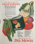1927 Del Monte vegetables vintage magazine advertisement from Pictorial Review featuring illustrated produce and asparagus tips can