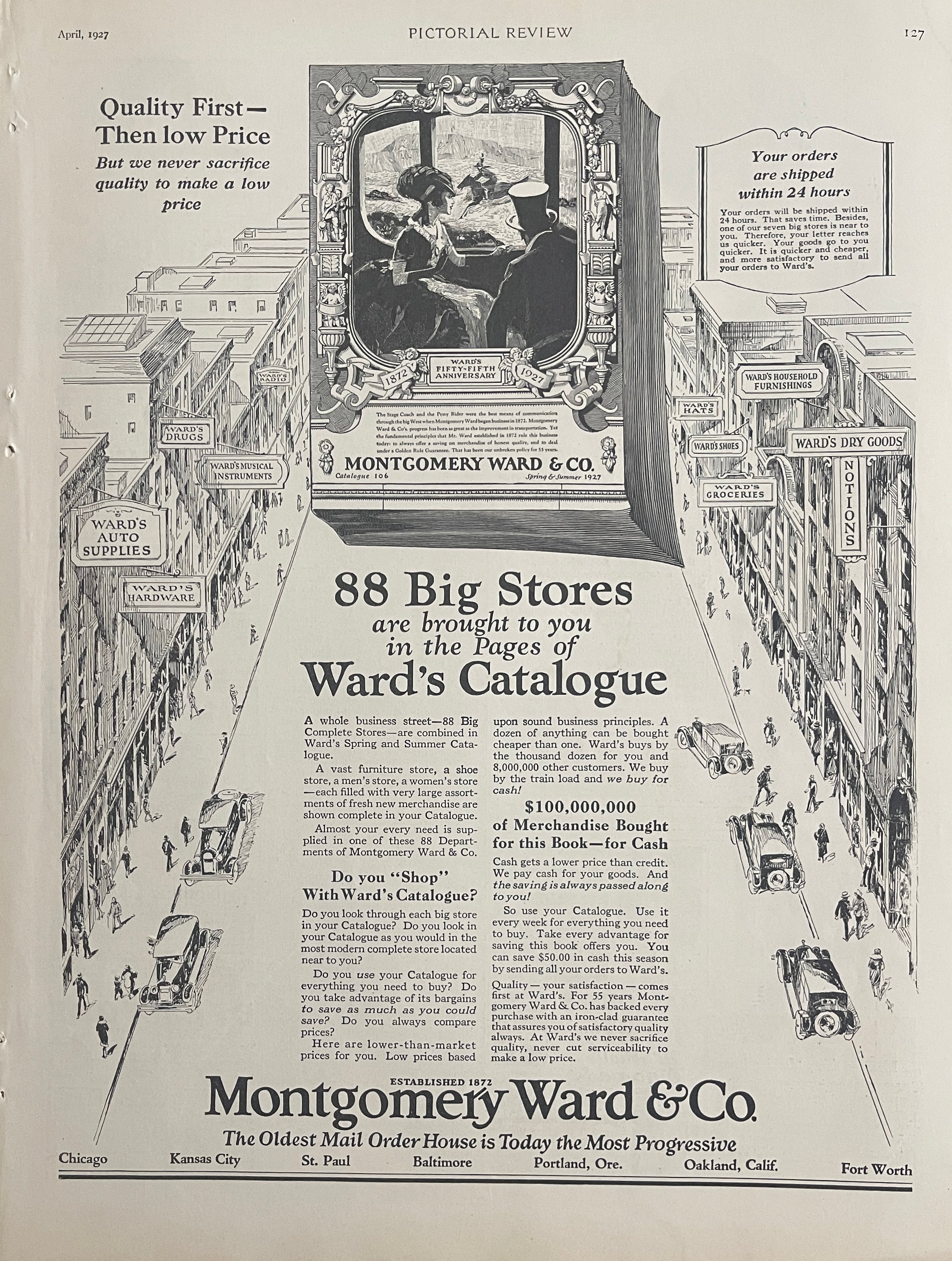 1927 Montgomery Ward & Co vintage magazine advertisement from Pictorial Review featuring illustrated storefront cityscape and Ward’s catalog