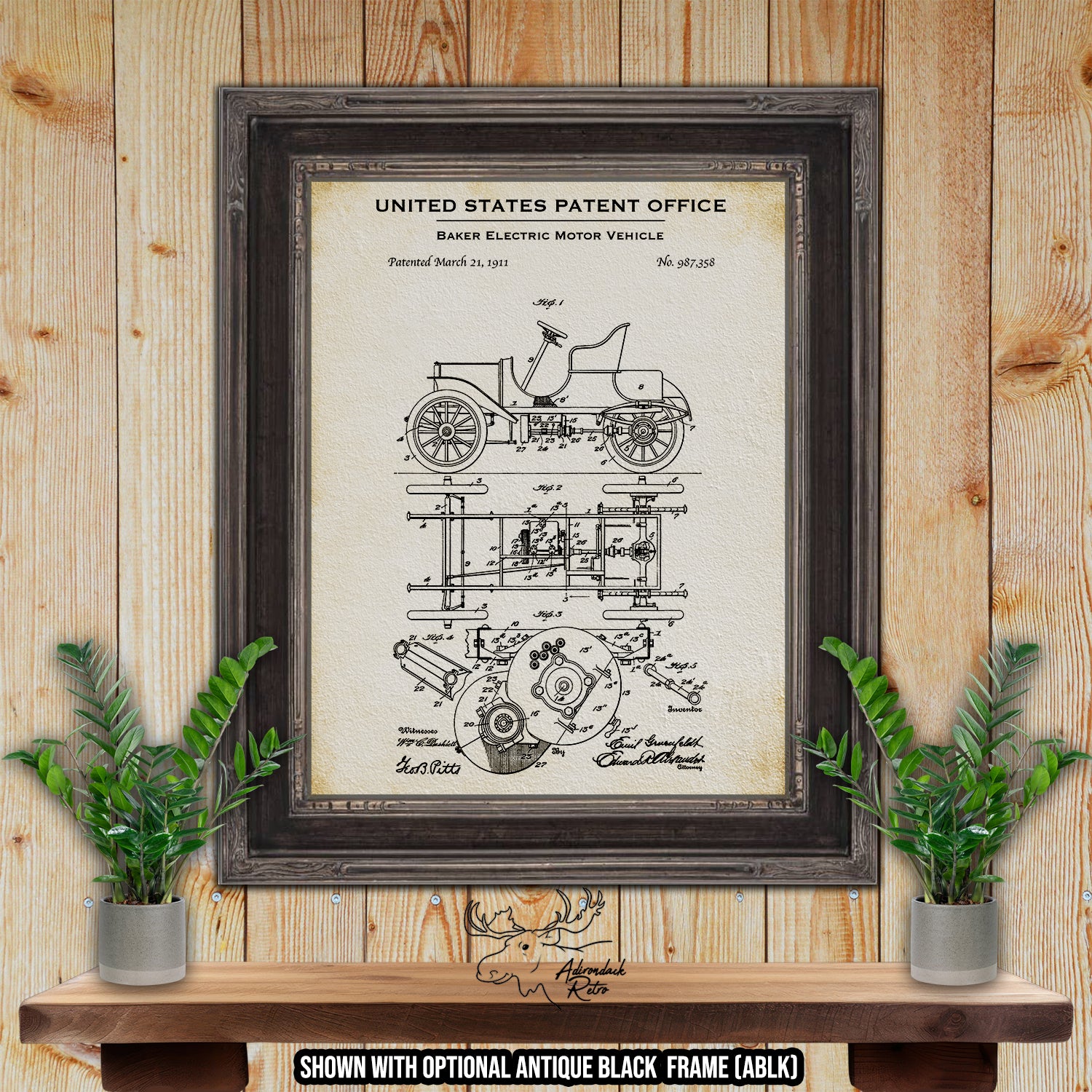 Baker Electric Motor Vehicle Automobile 1911 Patent Print | Adirondack Retro