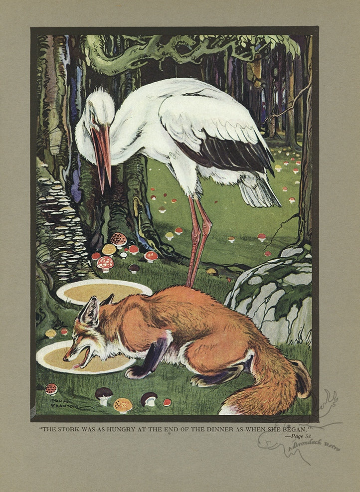 The Fox and the Stork Limited Edition Tipped-In Color Book Plate - Paul Bransom Antique Print at Adirondack Retro