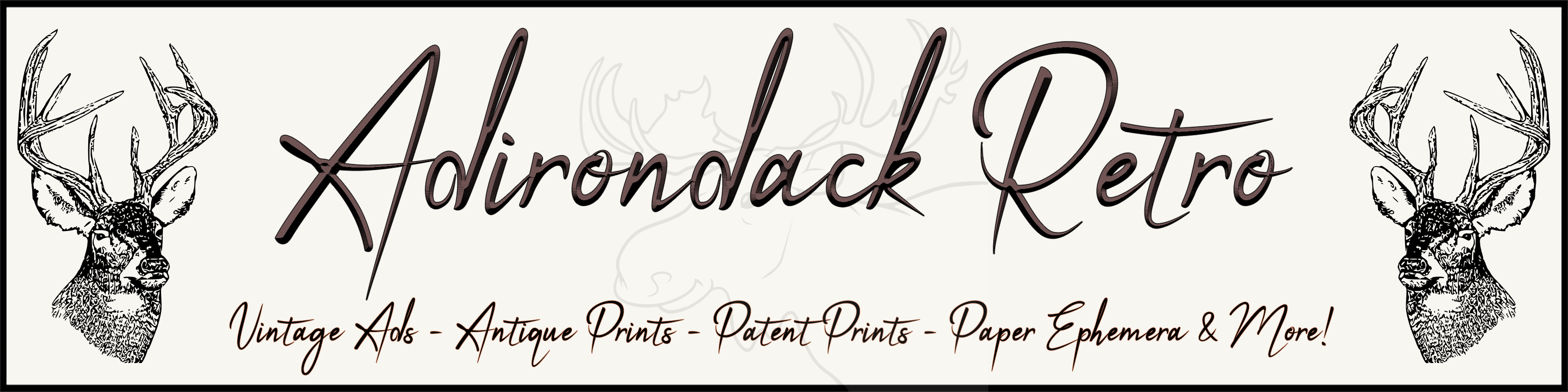 Adirondack Retro desktop banner showing elegant logo and tagline for vintage ads, antique prints, patent prints, and paper ephemera with classic deer illustrations on a cream background.