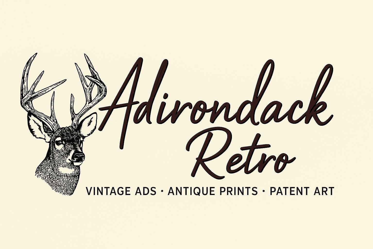 Adirondack Retro mobile hero banner featuring vintage ads, antique prints, patent prints, and advertising ephemera on cream background with deer illustrations.