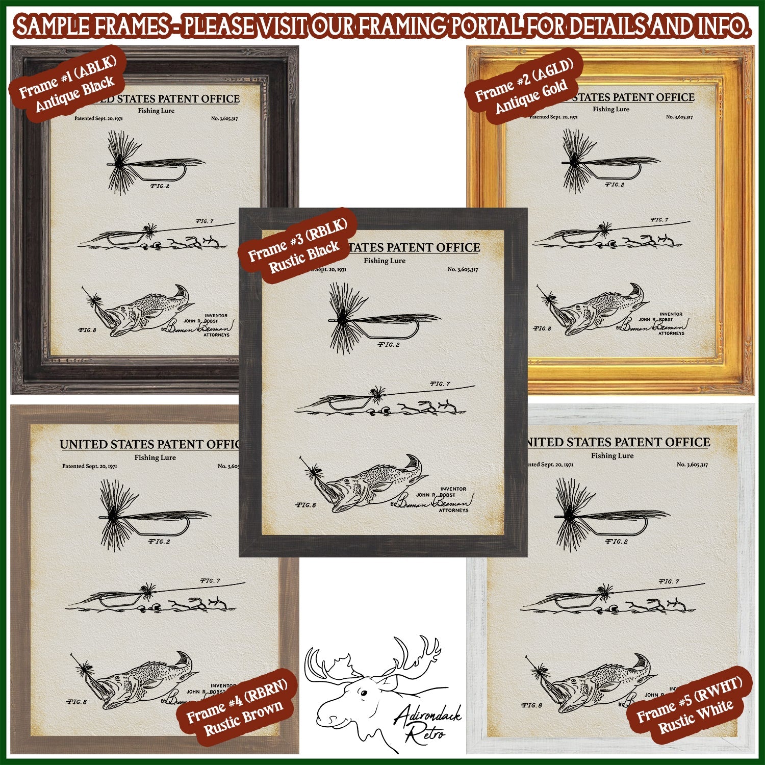 The image is a collage of five framed patent drawings of fishing lures, each with a different frame color and style. The frames are labeled with the text "SAMPLE FRAMES - PLEASE VISIT OUR FRAMING PORTAL FOR DETAILS AND INFO".