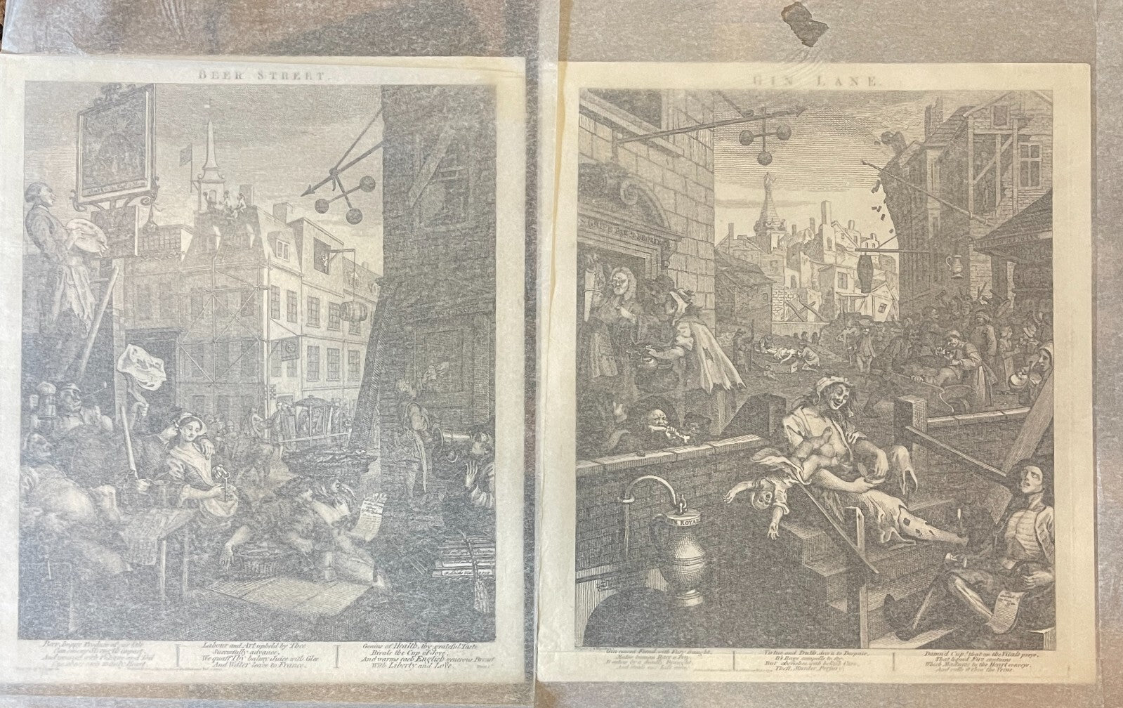 1822 BEER STREET &amp; GIN LANE Authentic Hogarth Heath Ed. Antique Print SET OF 2