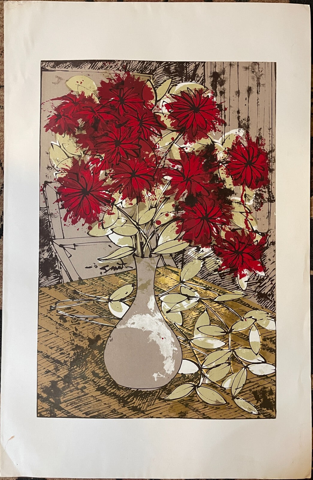 RED FLOWERS Robert Alan Smith ORIGINAL Artist Signed c.1960 Ltd Ed Serigraph