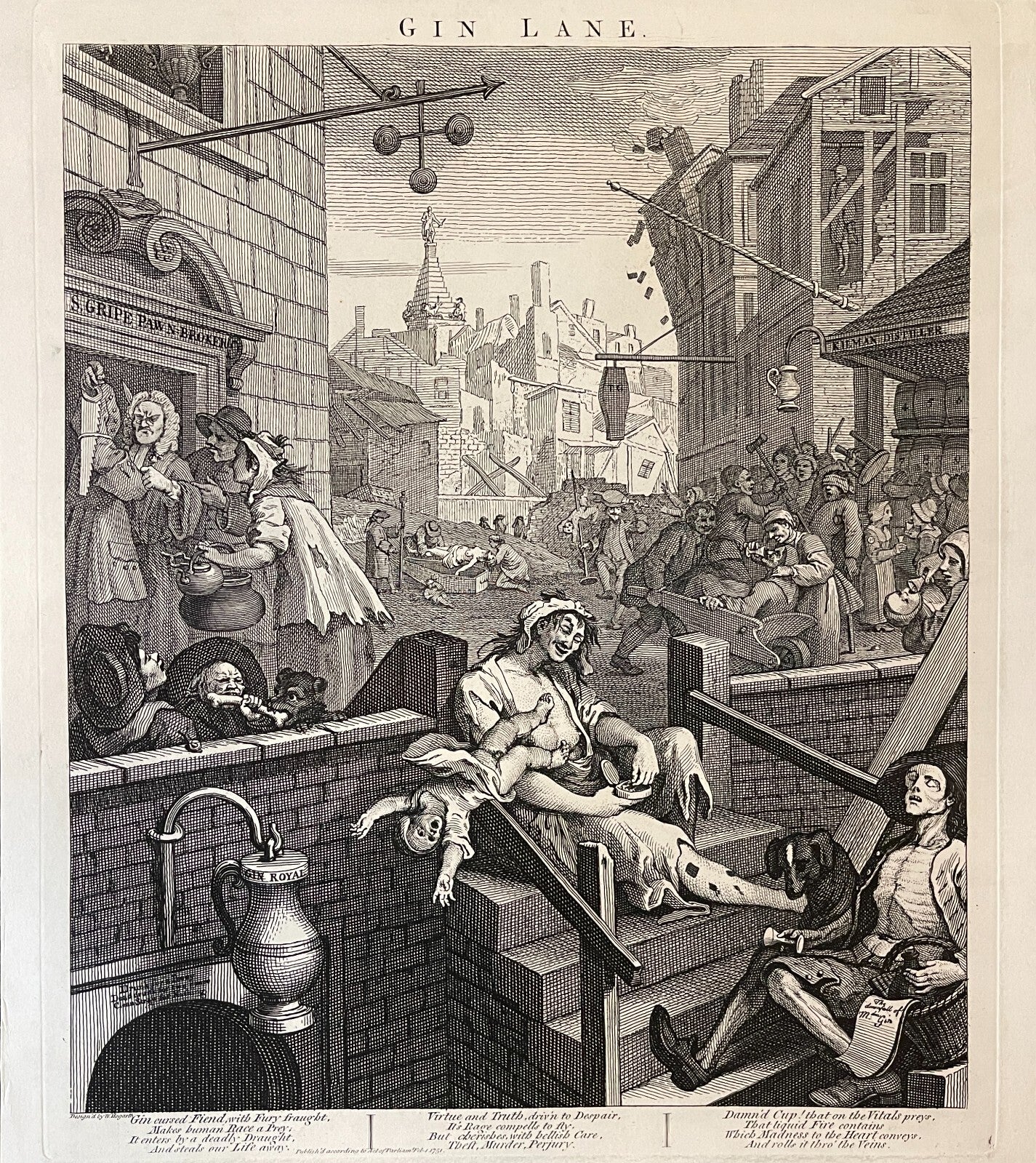 1822 BEER STREET &amp; GIN LANE Authentic Hogarth Heath Ed. Antique Print SET OF 2
