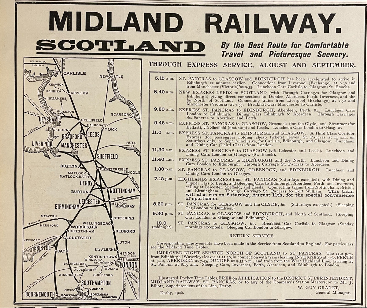 1906 Train 1906 Midland Railway Railroad Print Ad GNR Scotland Train Route Map ...