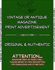 The image is a vintage or antique magazine print advertisement with a green background and white text.