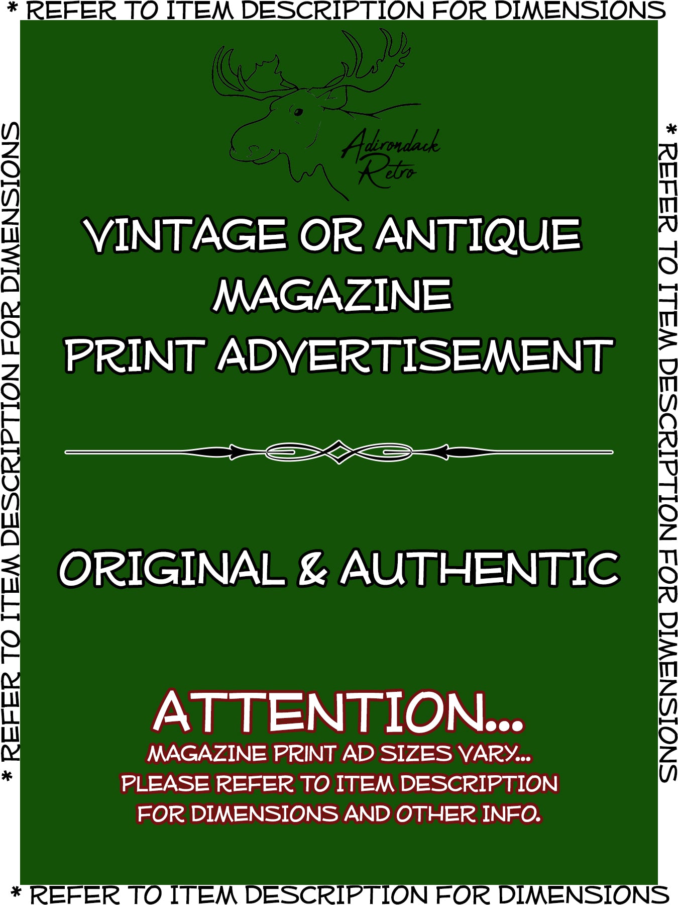 The image is a vintage or antique magazine print advertisement with a green background and white text.