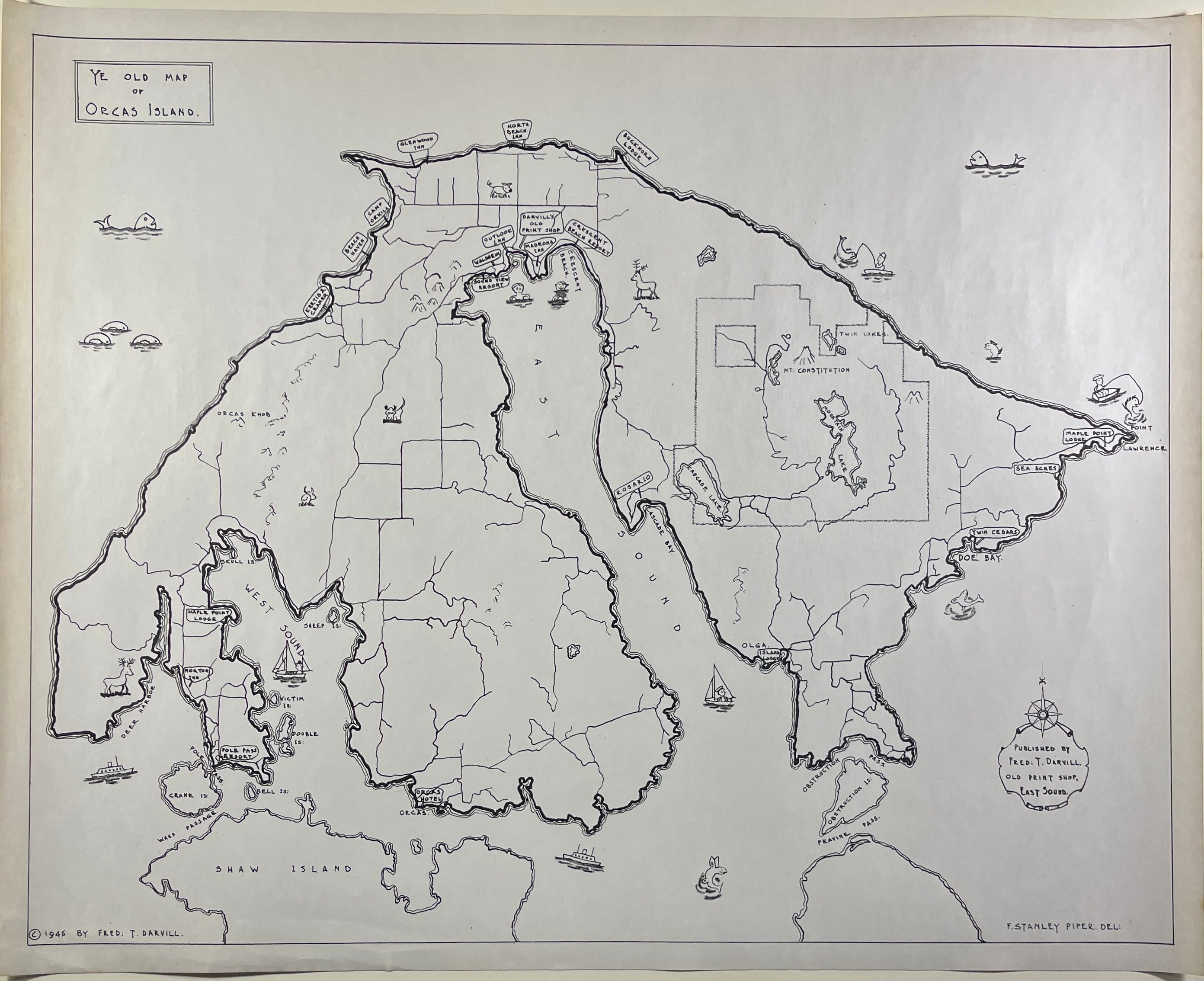 Ye Old Map of Orcas Island 1946 B&W Pictoral Map at Adirondack Retro