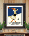 a poster of a woman skiing on a ski resort