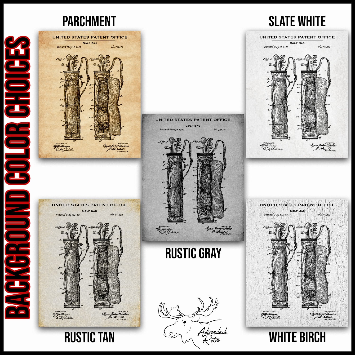 a collection of six different color variations of a golf bag patent drawing from the United States Patent Office, each with a distinct color scheme.