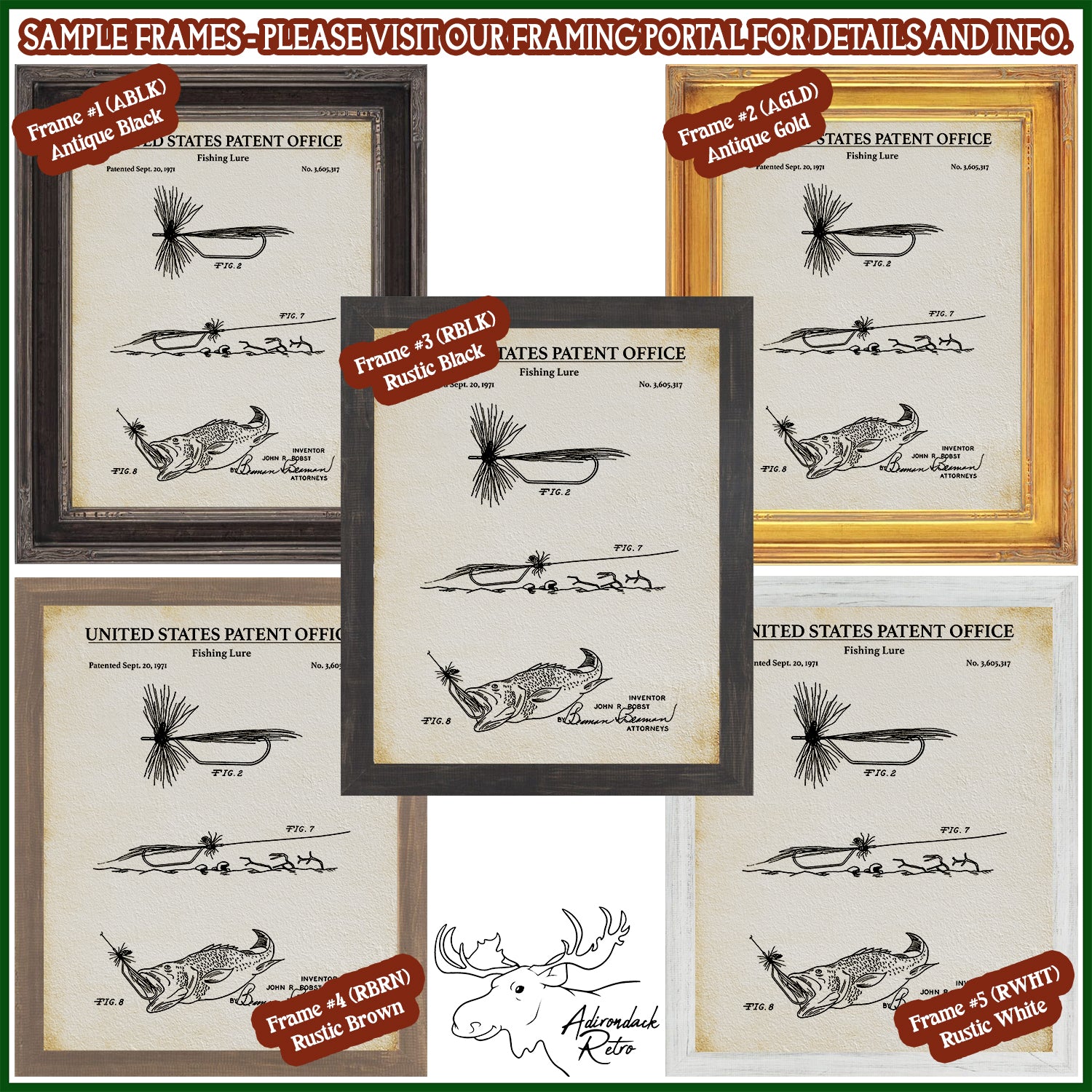 The image is a collage of five framed patent drawings of fishing lures, each with a different frame color and style. The frames are labeled with the text &quot;SAMPLE FRAMES - PLEASE VISIT OUR FRAMING PORTAL FOR DETAILS AND INFO&quot;.