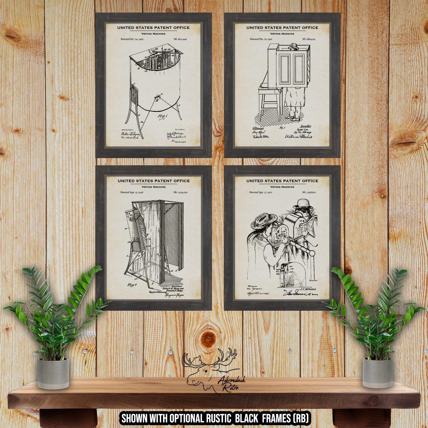 Voting Machine Set of 4 Posters - Old Polling Booth Patent Prints at Adirondack Retro