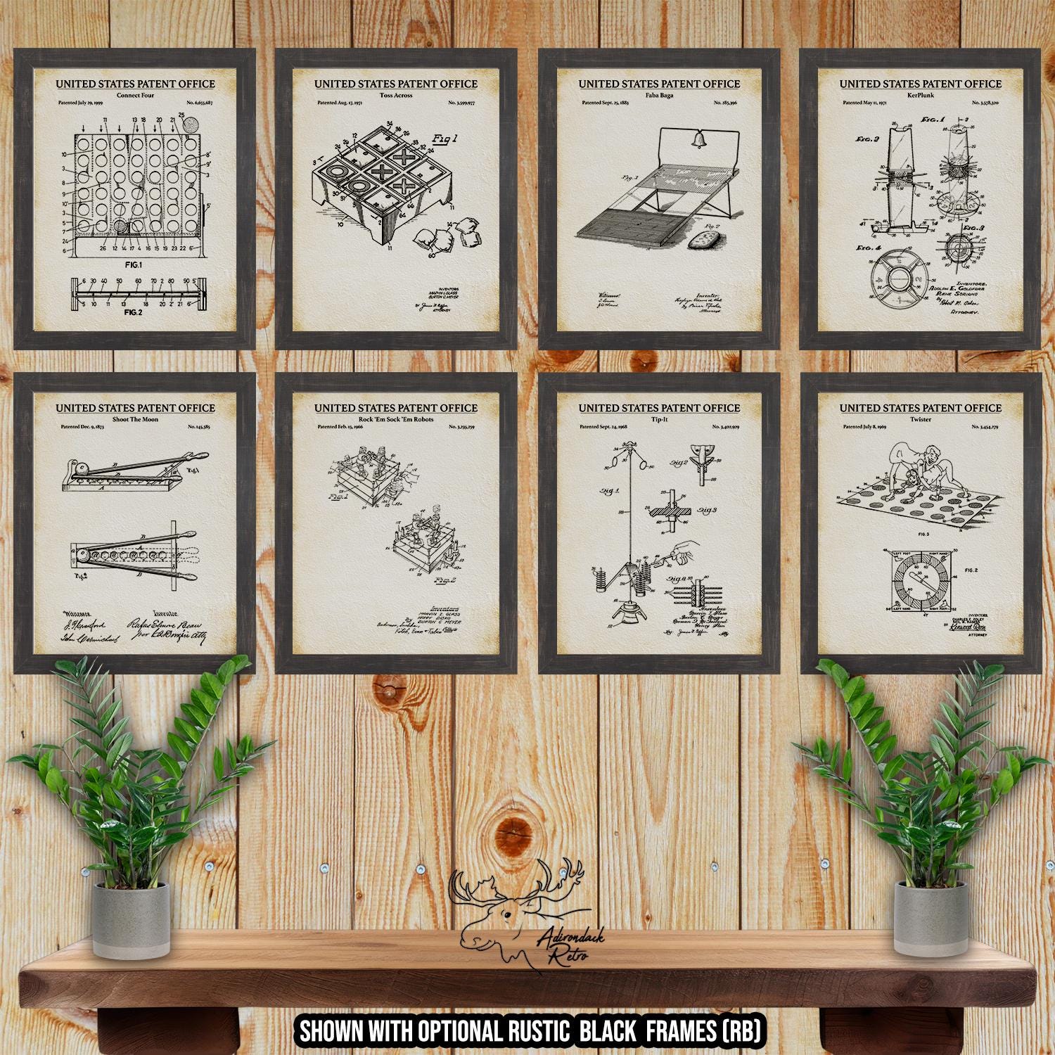 Board Game Patent Print Set of 8 - Retro Board Games Wall Art - Gamer Gift at Adirondack Retro