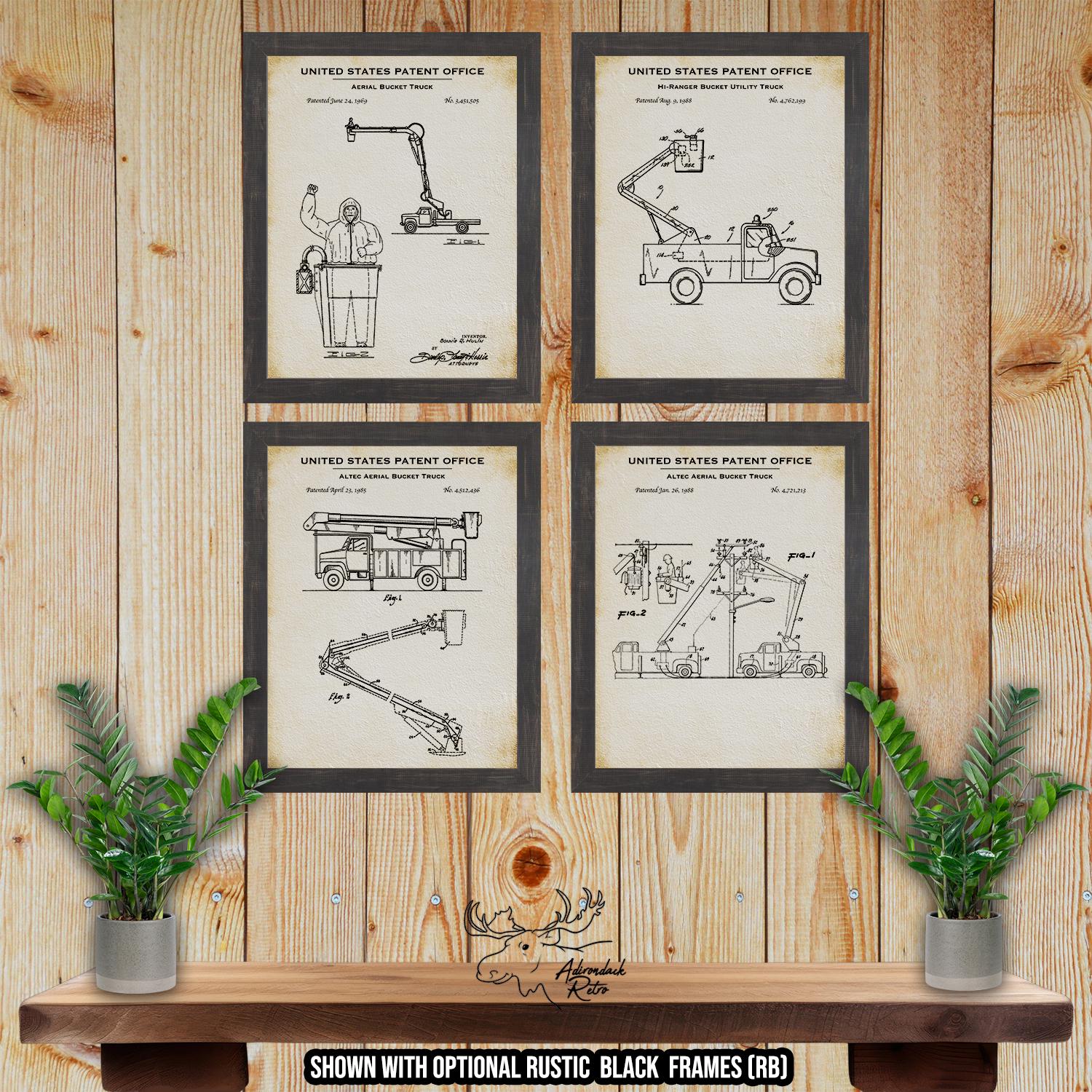 Aerial Bucket Truck Patent Print Set of 4 - Retro Lineman Poster Set - Lineman Inventions at Adirondack Retro