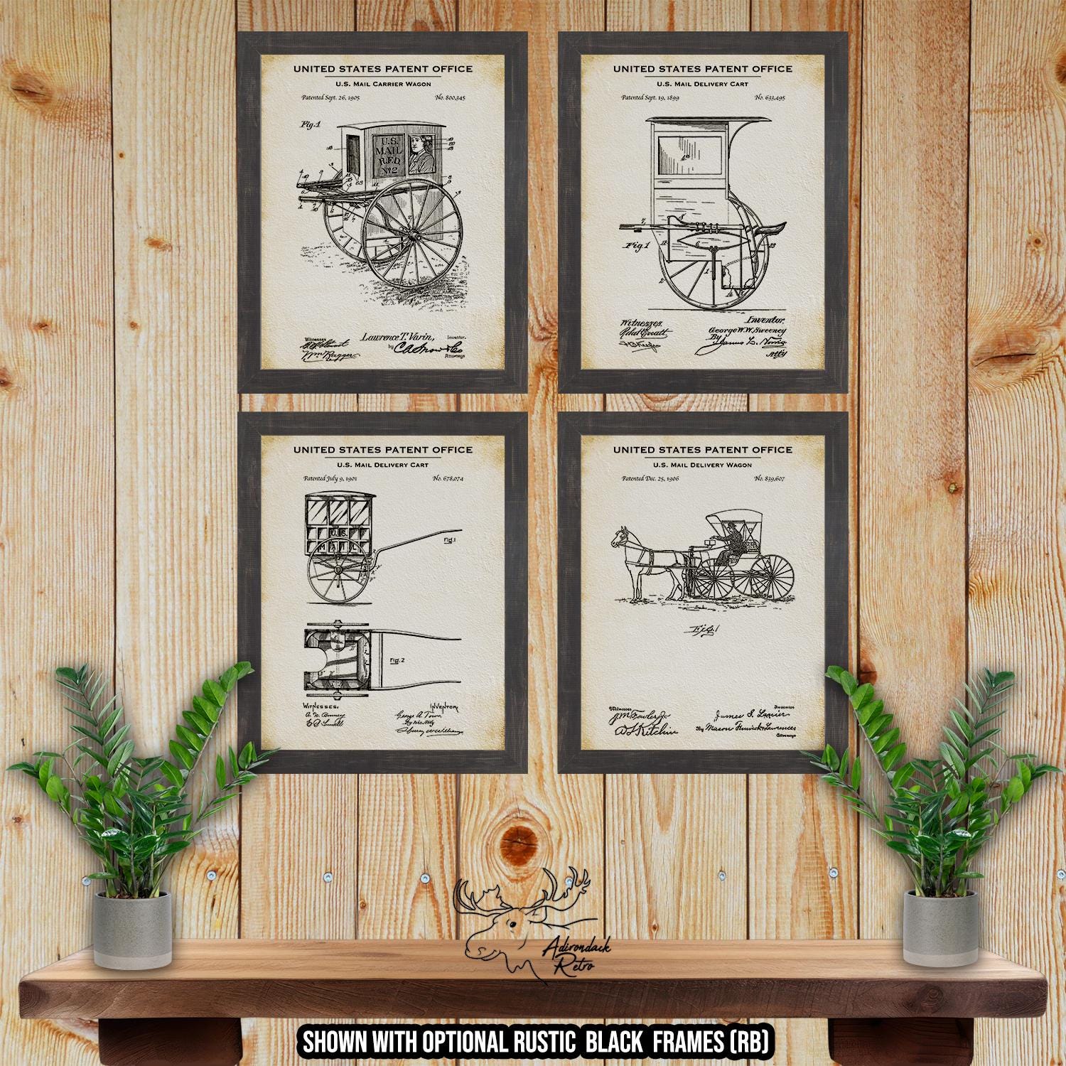 Mail Delivery Cart Patent Print Set of 4 - Mail Carrier Wagon Posters at Adirondack Retro