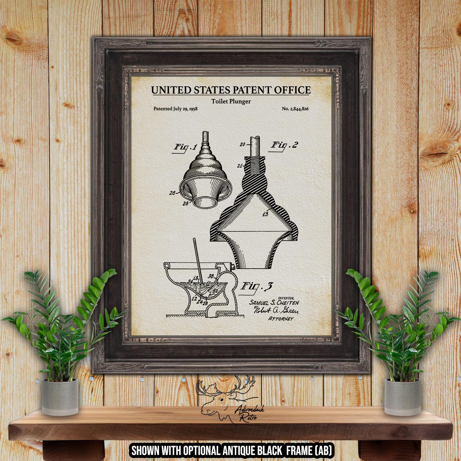 Toilet Plunger Patent Print - Vintage Bathroom Poster - 1958 Bathroom Invention at Adirondack Retro