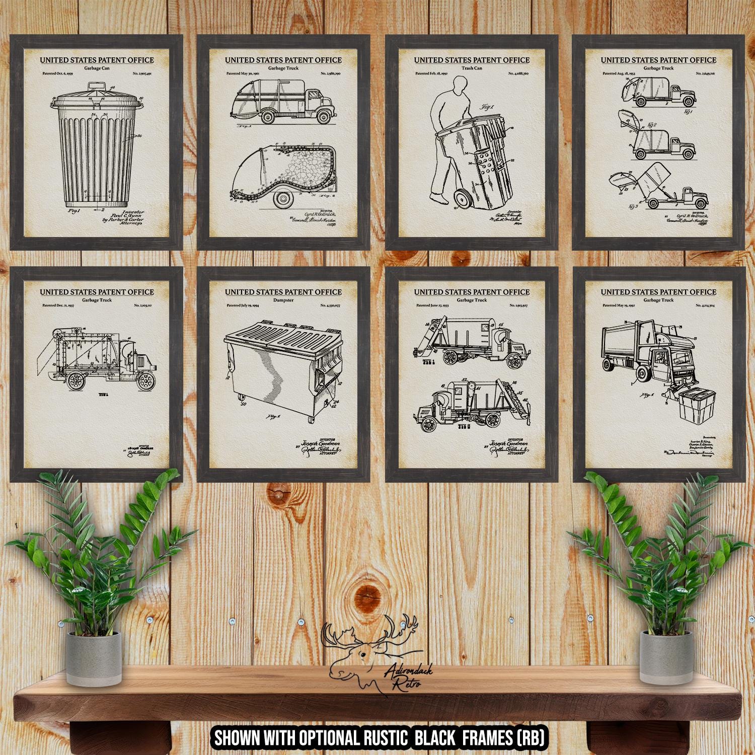 Trash Removal Patent Print Set of 8 - Retro Sanitation Prints - Waste Management Inventions at Adirondack Retro