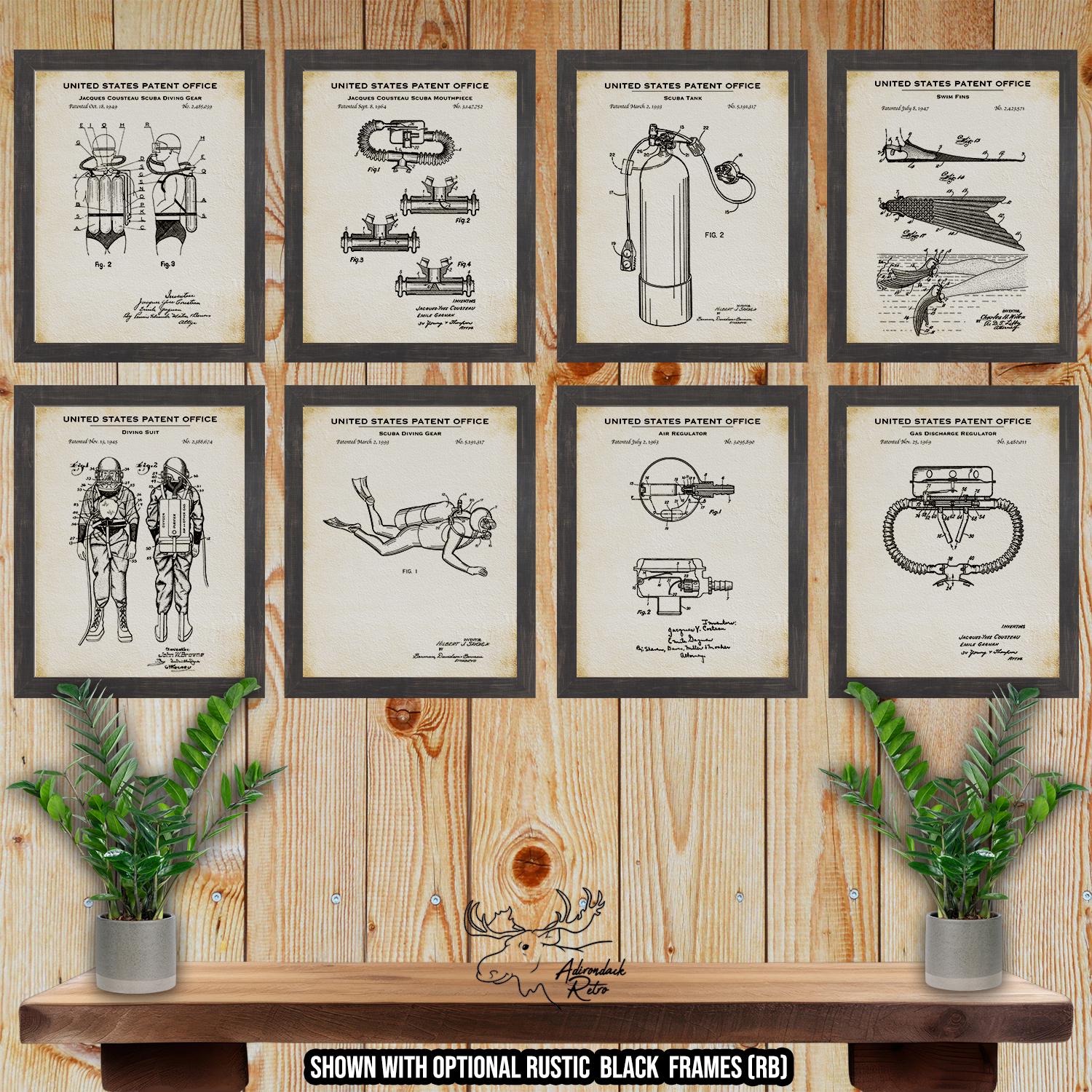 Scuba Diving Patent Print Set of 8 - Deep Sea Diving Posters - Scuba Diving Inventions at Adirondack Retro