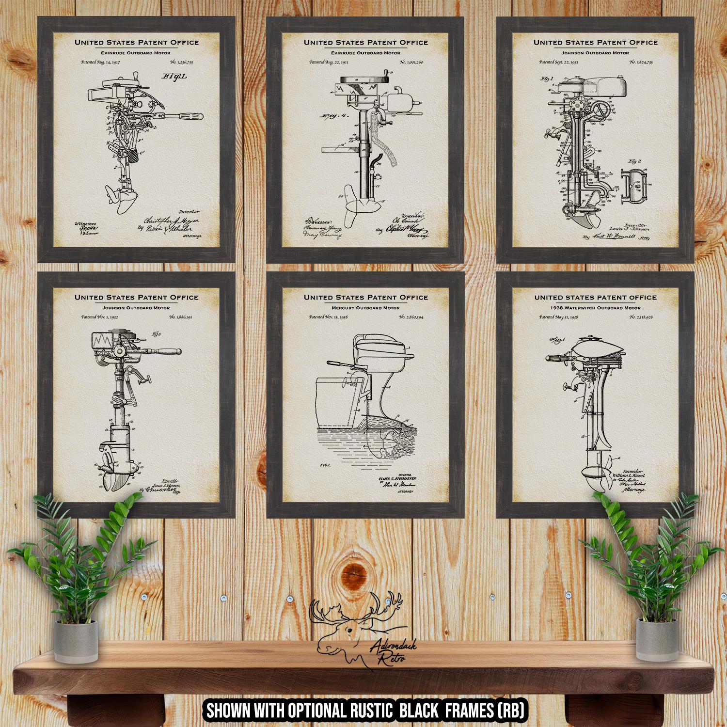 Outboard Motor Patent Print Set of 6 - Nautical Posters - Boat Motor Inventions at Adirondack Retro