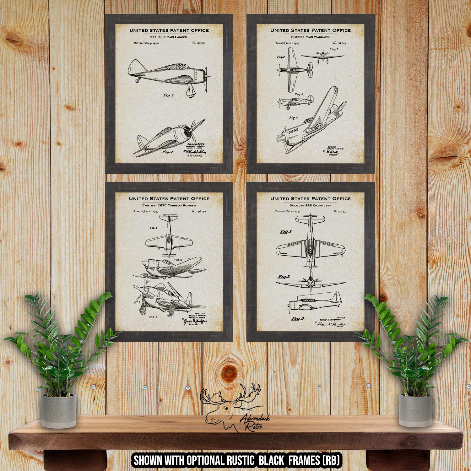 Military Aircraft Patent Print Set of 4 - Aviation Posters - Military Airplane Inventions at Adirondack Retro