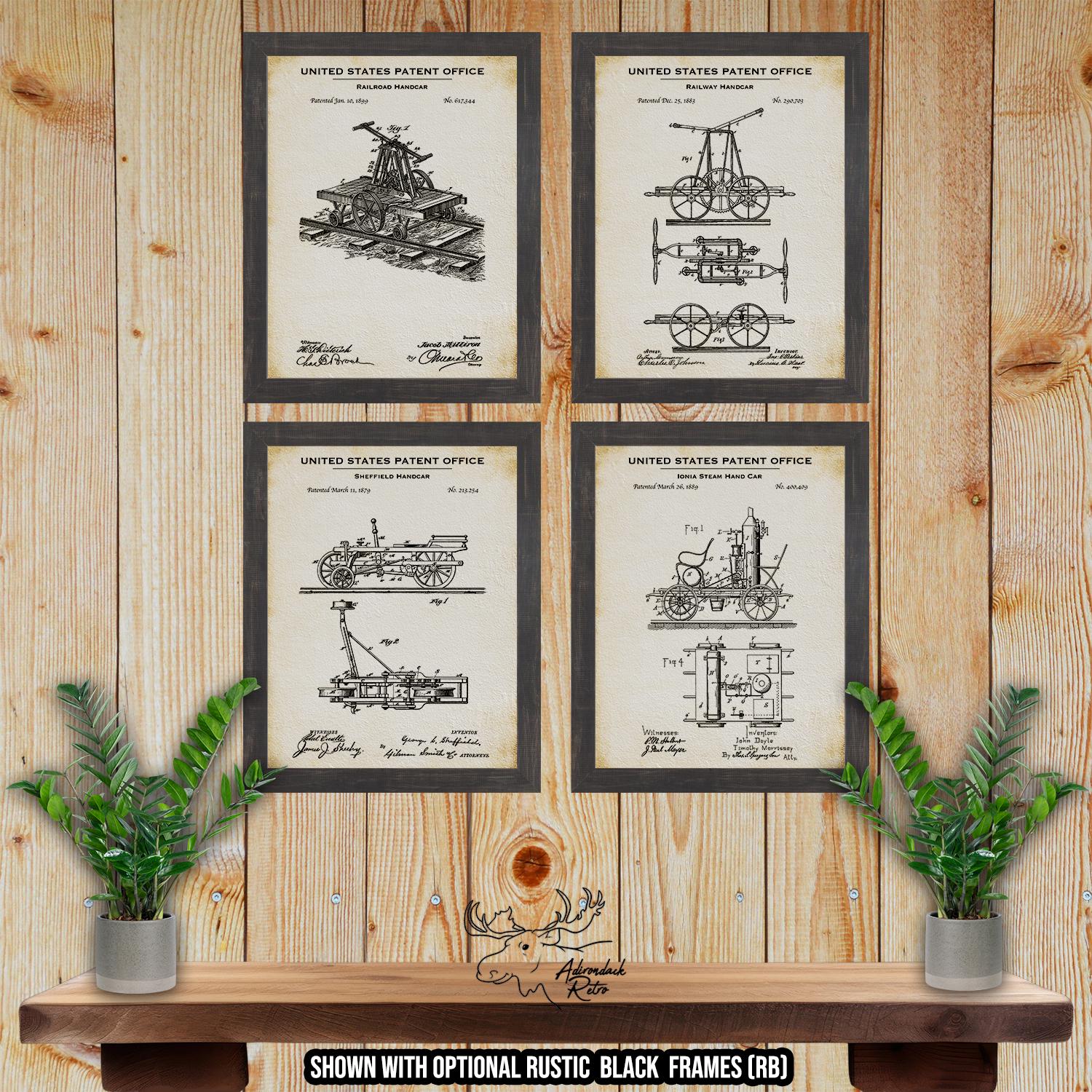 Railroad Handcar Patent Print Set of 4 - Vintage Train Posters - Railroad Inventions at Adirondack Retro