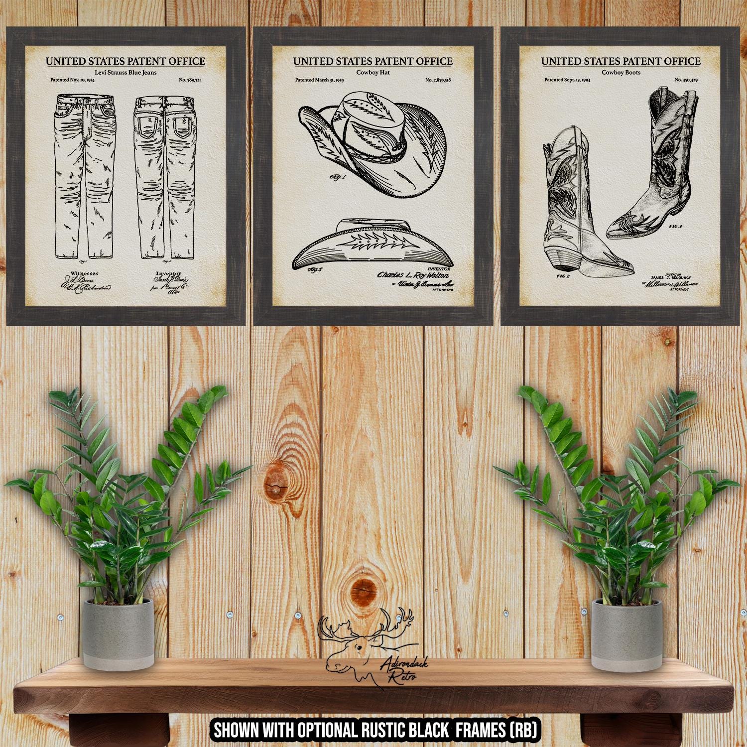 Western Fashion Patent Print Set of 3 - Cowboy Fashion Inventions at Adirondack Retro