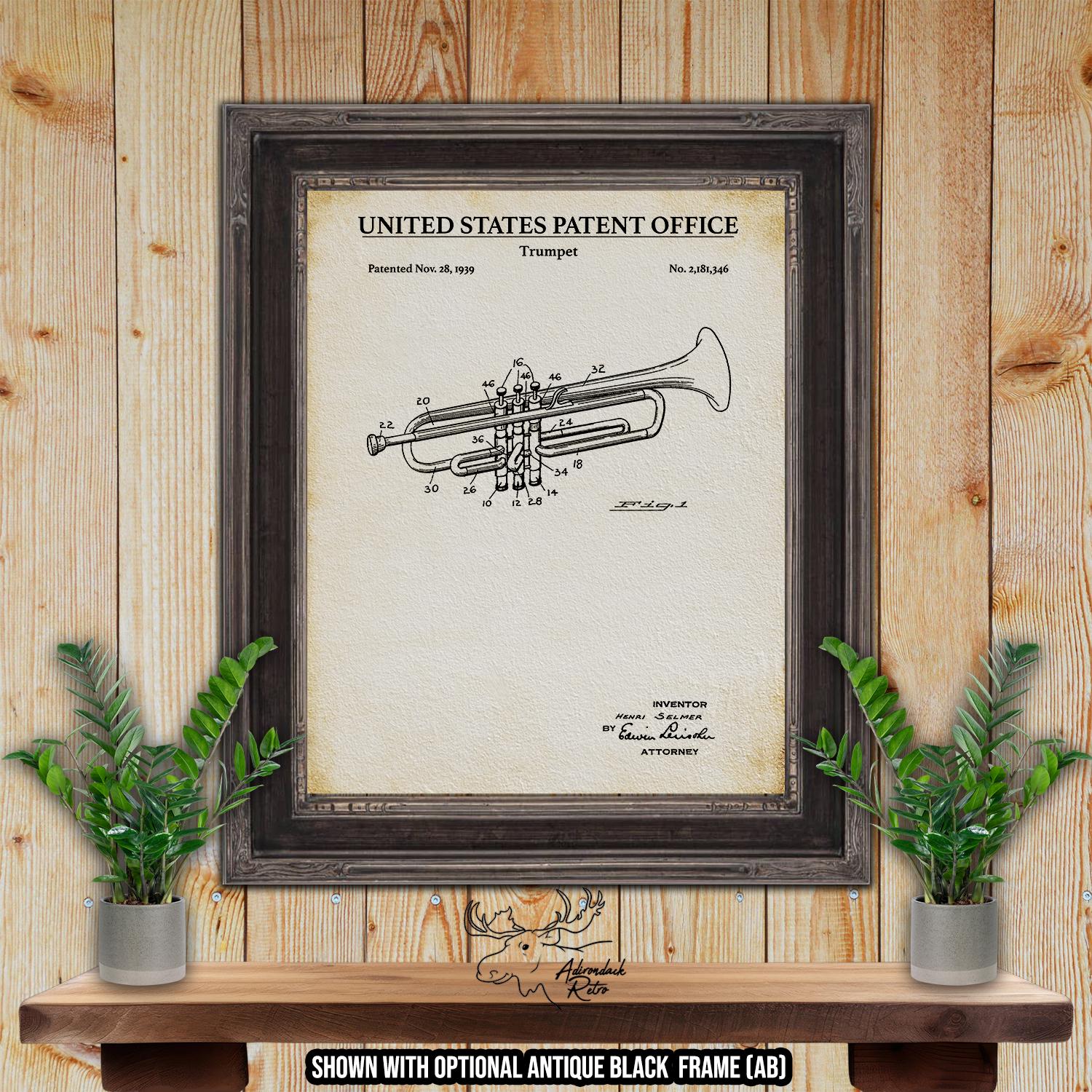 Trumpet Patent Print - 1939 Trumpet Poster - Brass Instrument Invention at Adirondack Retro