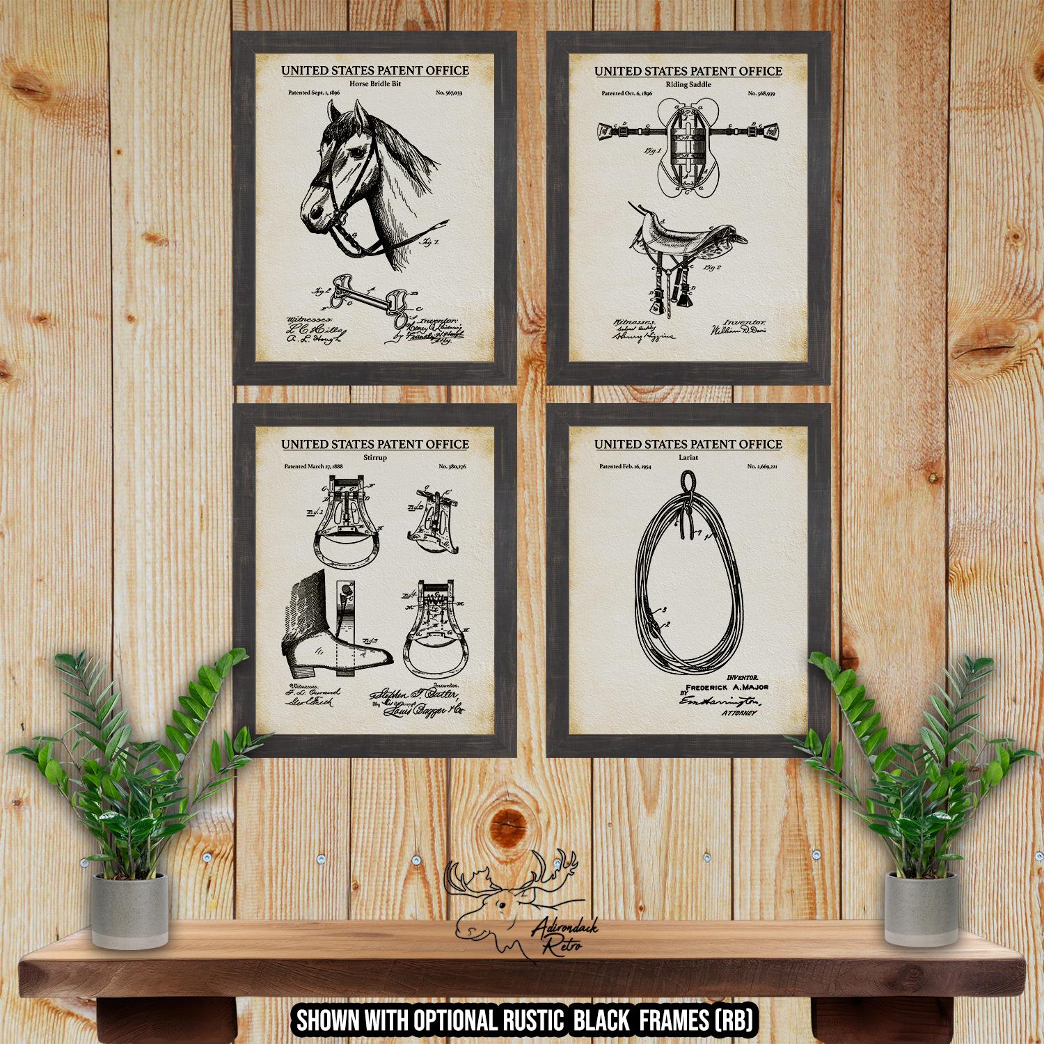 Horseback Riding Patent Print Set of 4 - Horse Owner Gift - Retro Horse Inventions at Adirondack Retro