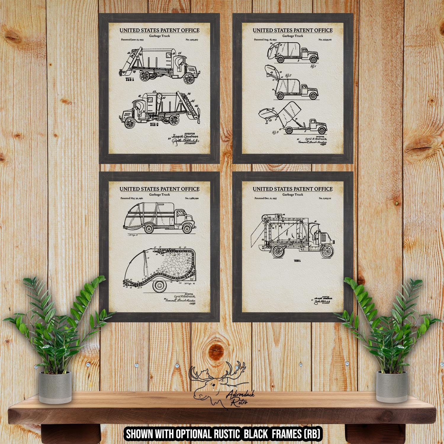 Garbage Truck Patent Print Set of 4 - Refuse Vehicle Posters - Waste Management Inventions at Adirondack Retro