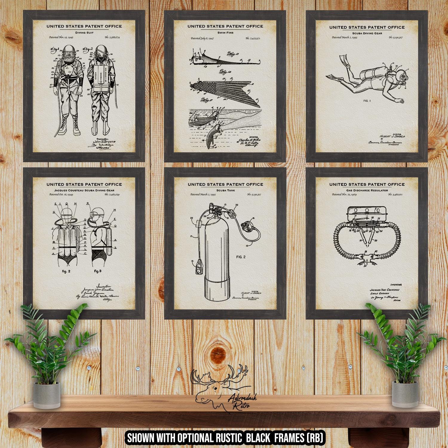 Scuba Diving Patent Print Set of 6 - Deep Sea Diving Posters - Scuba Diving Inventions at Adirondack Retro