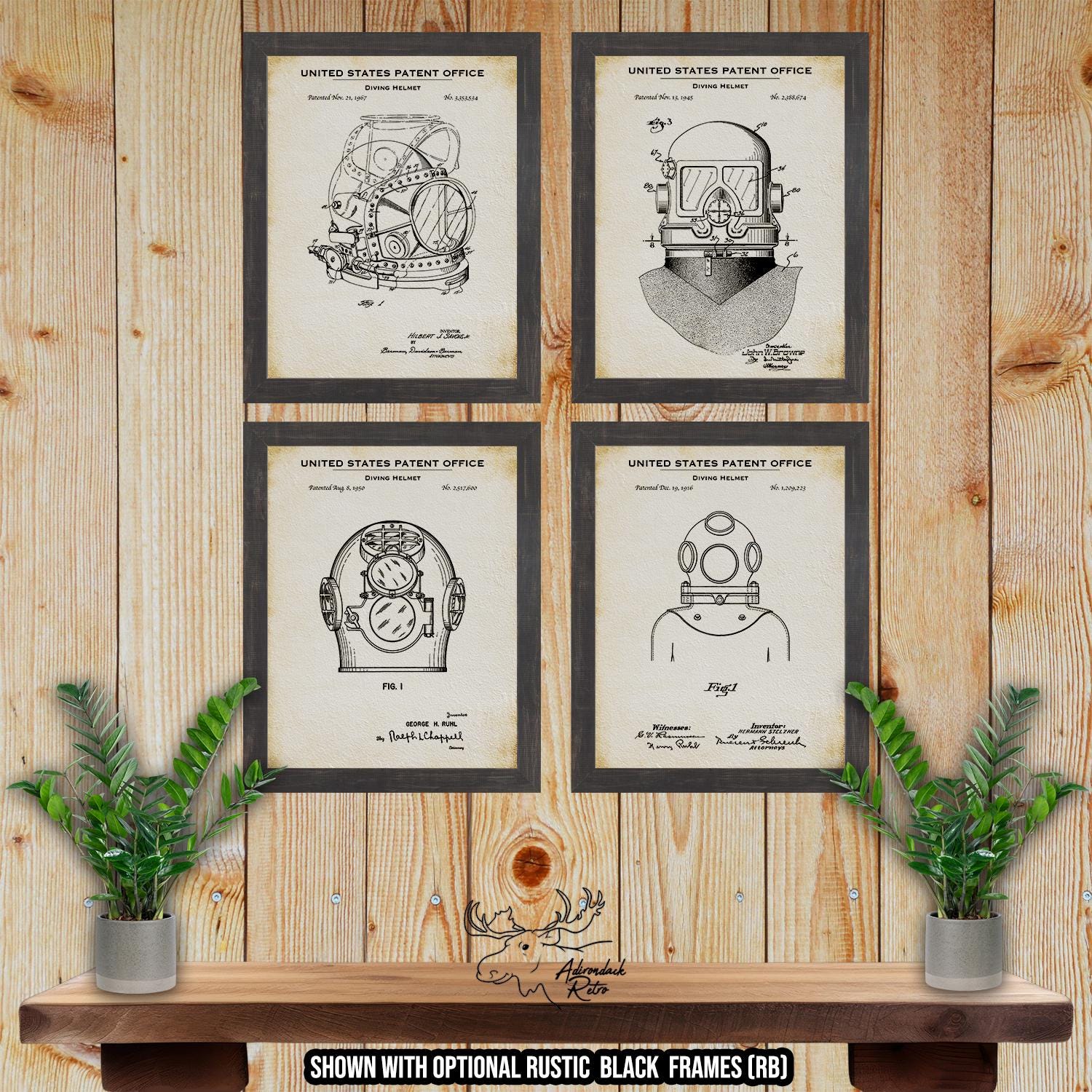 Diving Helmet Patent Print Set of 4 - Deep Sea Diving Posters - Scuba Diving Inventions at Adirondack Retro