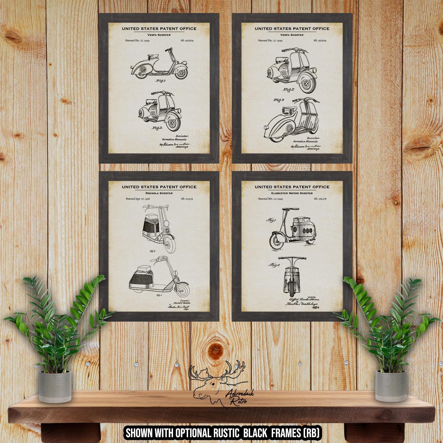 Scooter Patent Print Set of 4 - Moped Poster Set - Retro Scooter Inventions at Adirondack Retro