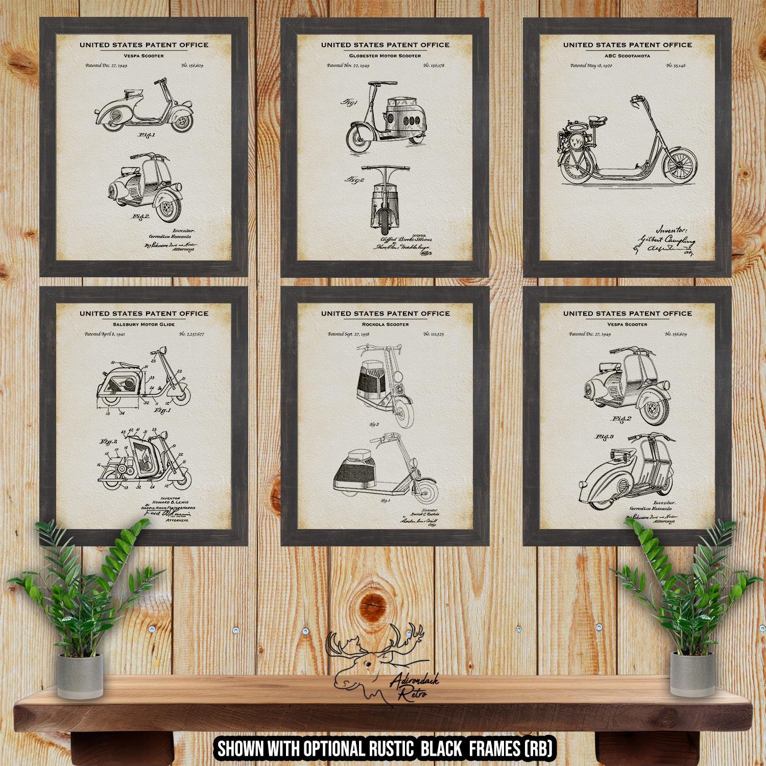 Scooter Patent Print Set of 6 - Moped Poster Set - Retro Scooter Inventions at Adirondack Retro