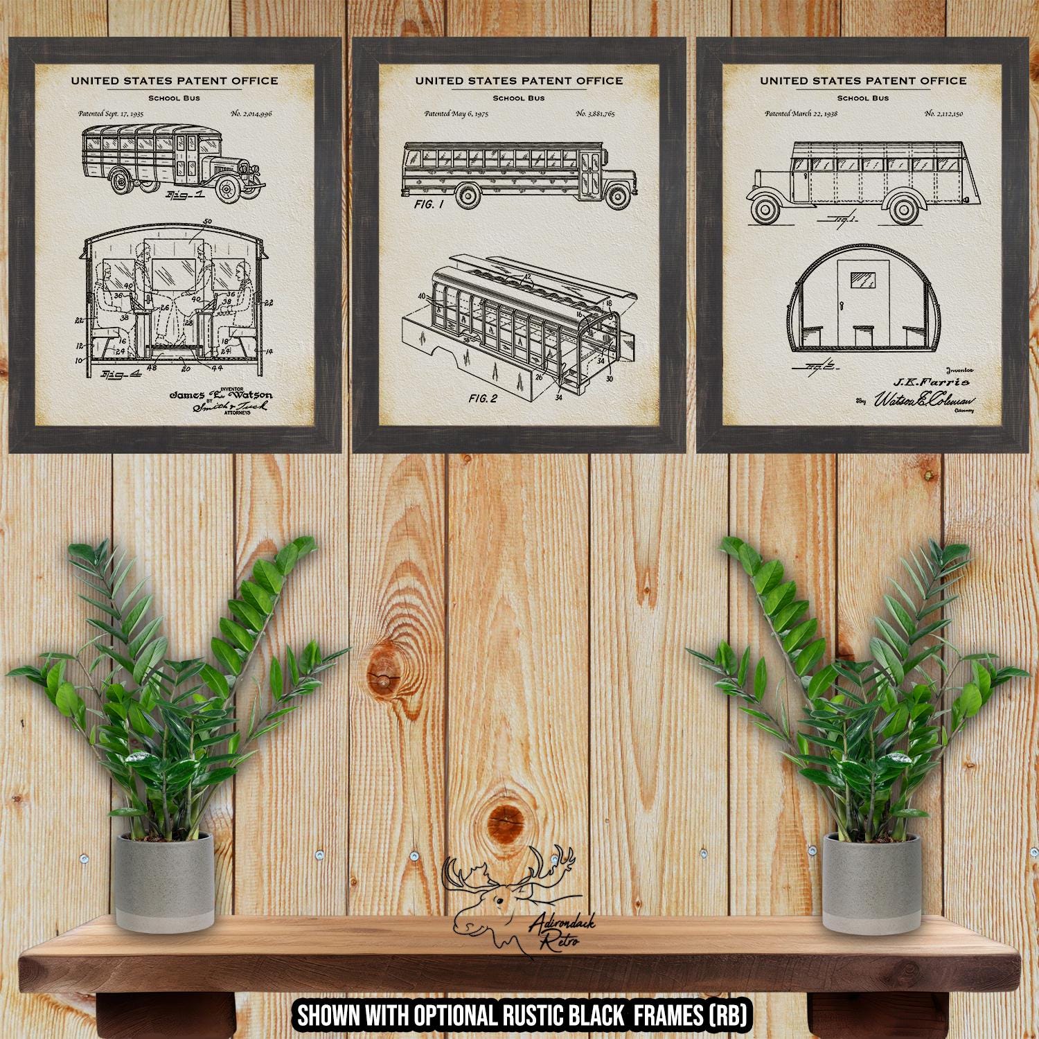 School Bus Patent Print Set of 3 - School Bus Posters - School Bus Inventions at Adirondack Retro