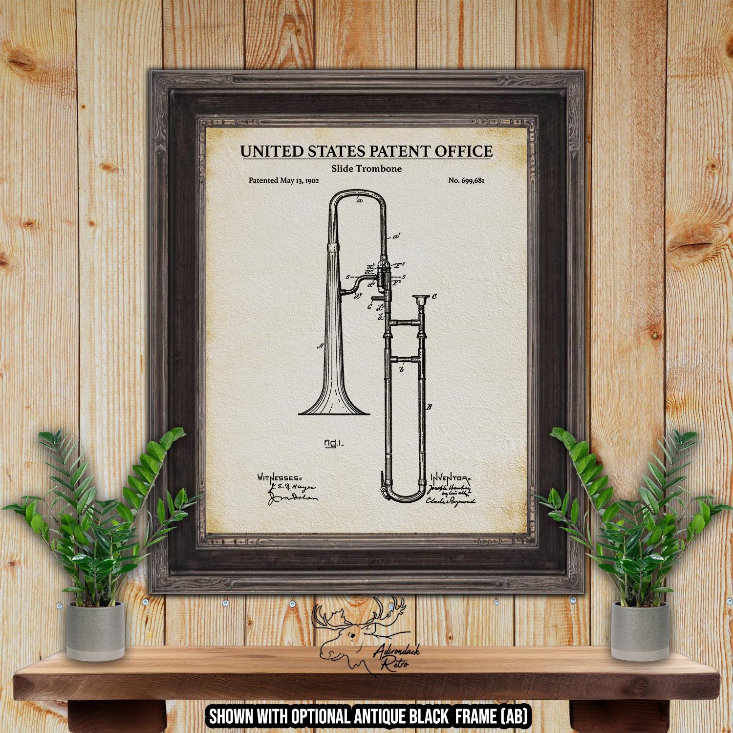 Slide Trombone Patent Print - 1902 Slide Trombone Poster - Brass Instrument Invention at Adirondack Retro