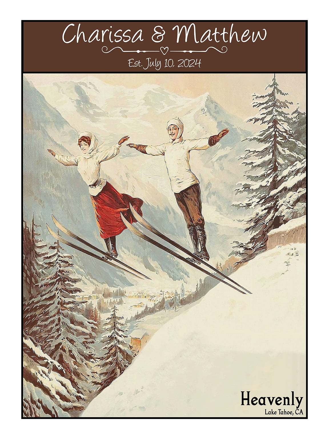 a couple of people riding skis on top of a snow covered slope