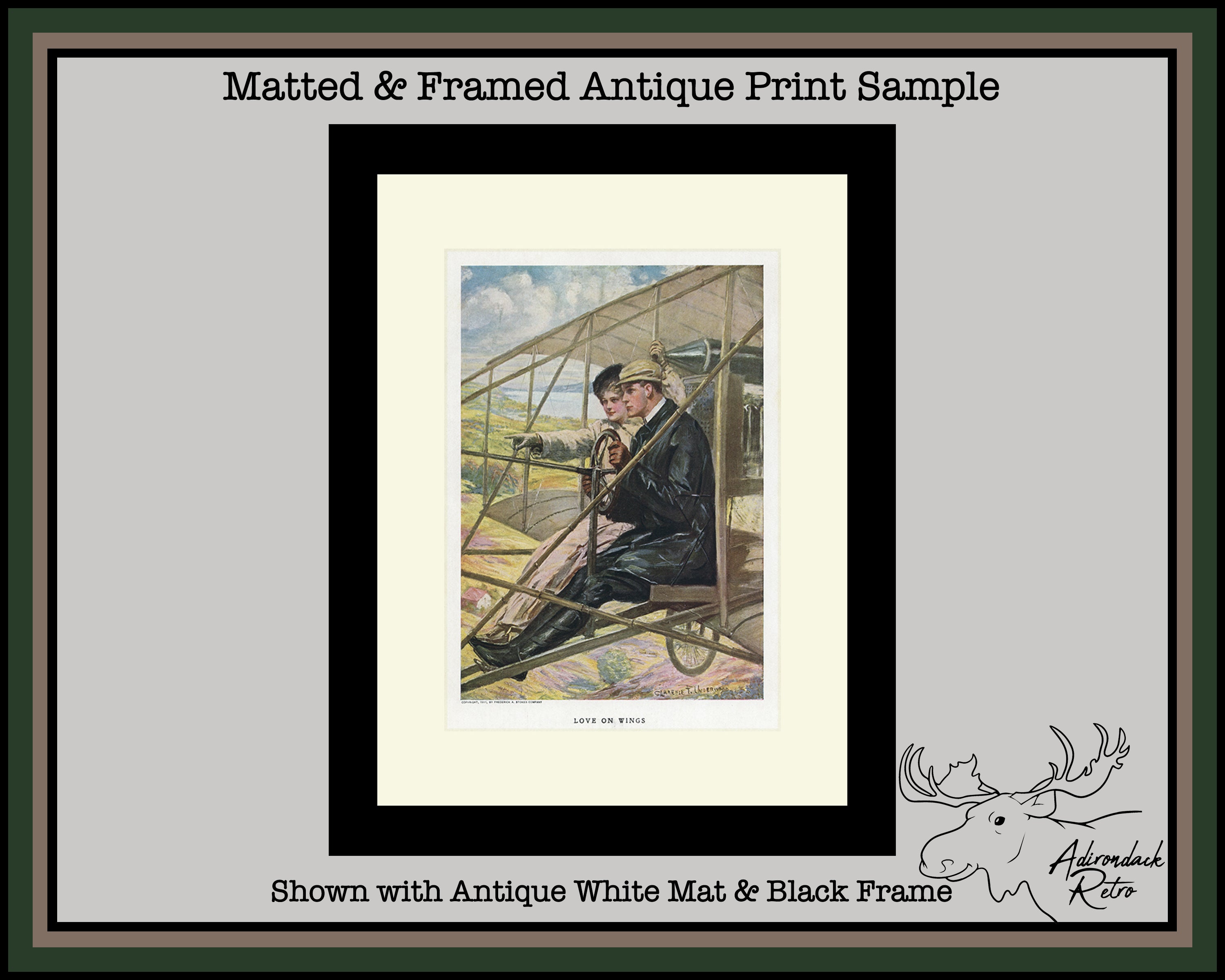 Adirondack Retro Matted &amp; Framed Antique Print Sample with Antique White Mat