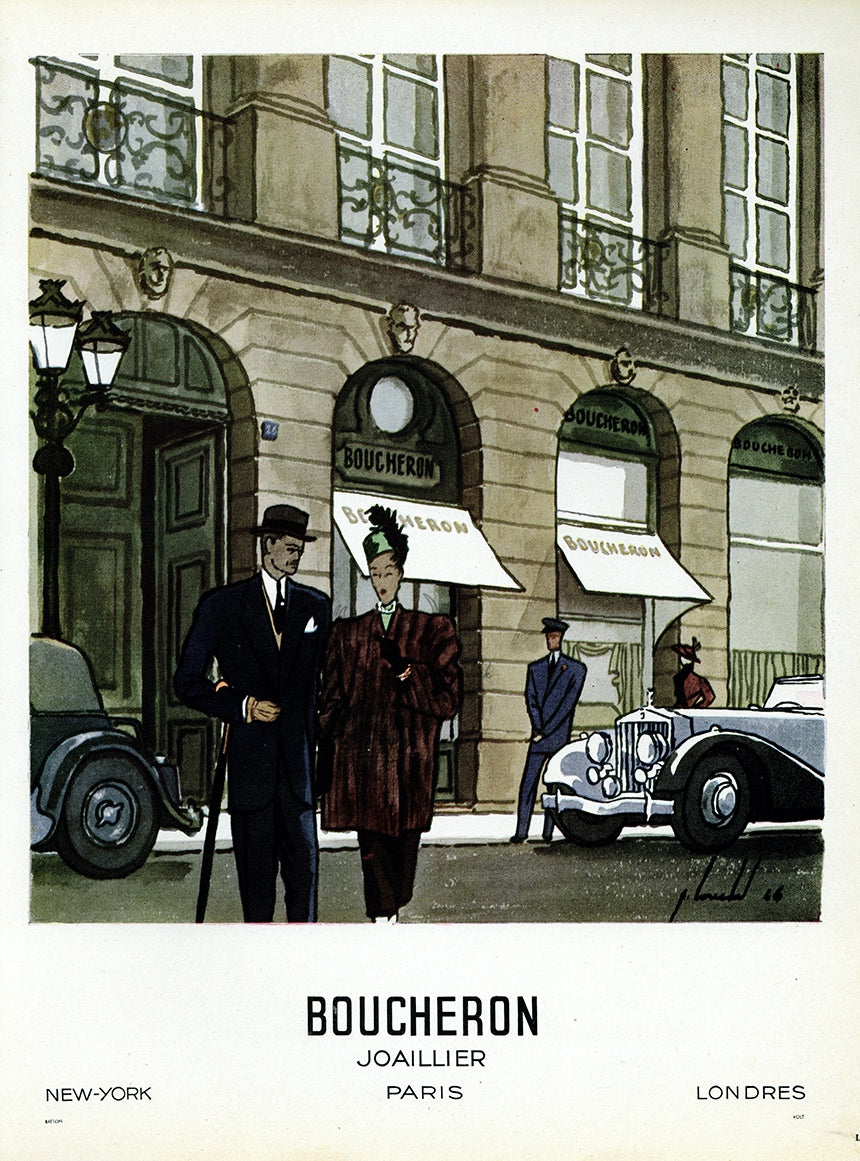 1946 Boucheron Jewelry Vintage French Print Ad - Pierre Louchel Illustration