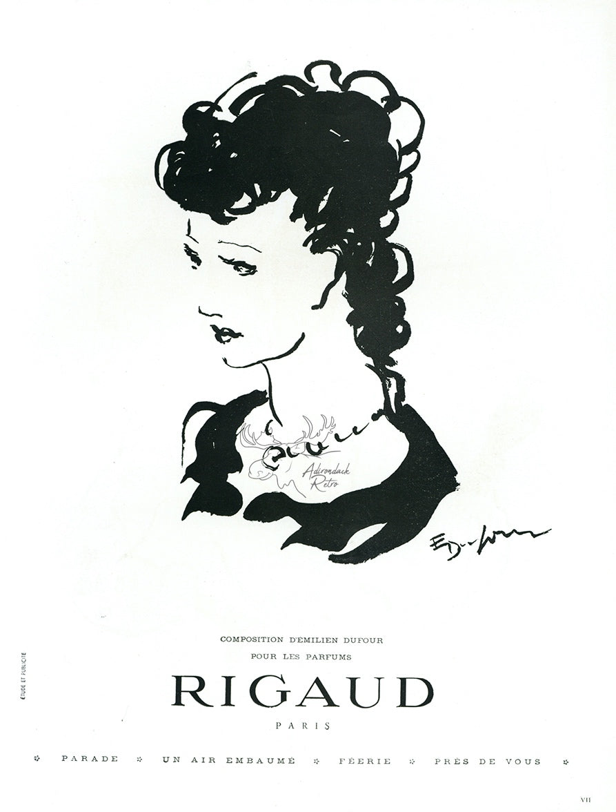 1946 Rigaud Perfume Vintage Cosmetics Ad - Emilien Dufour Illustration