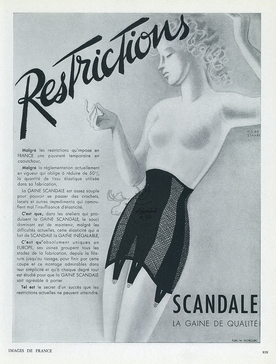 1941 Scandale Restrictions Lingerie Vintage French Print Ad - St. Marc Illustration