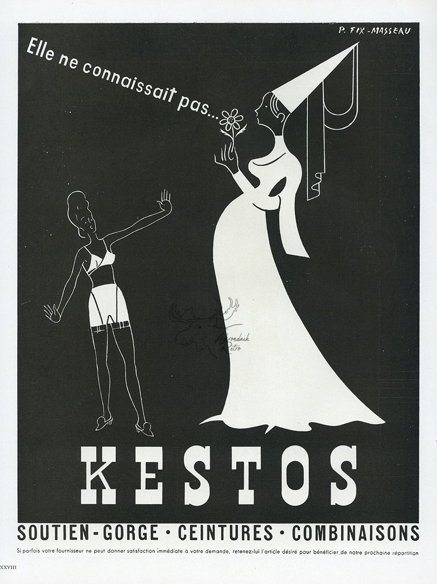 1945 Kestos Lingerie Vintage French Print Ad - P. Fix Masseau Illustration
