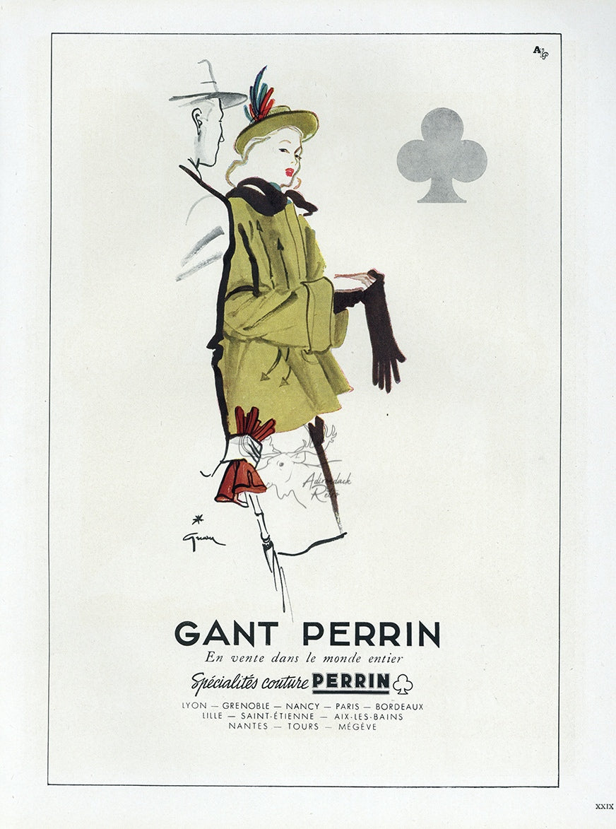 1945 Gant Perrin Gloves Vintage French Print Ad - Rene Gruau Illustration