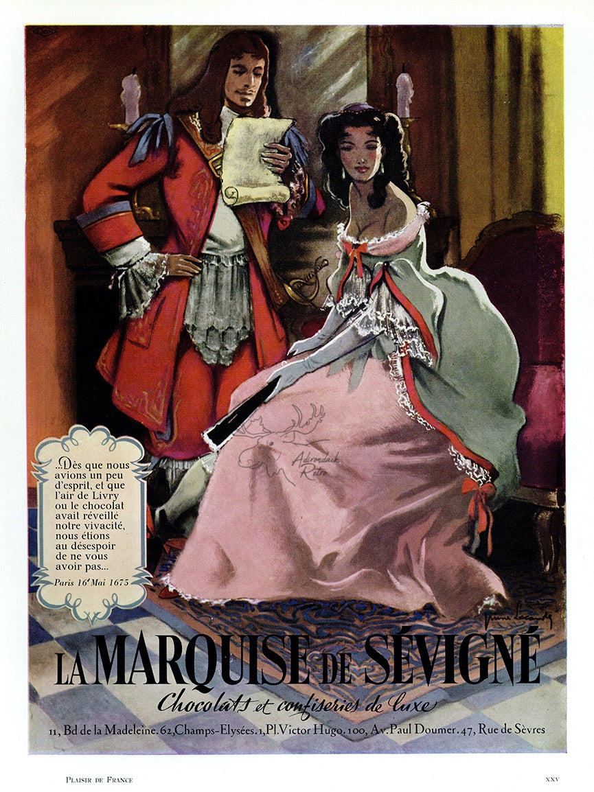 1954 Marquise De Sevigne Chocolats Vintage French Print Ad - Pierre Leconte Illustration