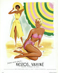 1949 Kestos Beachwear Vintage Fashion Ad - Women Sunbathing Illustration